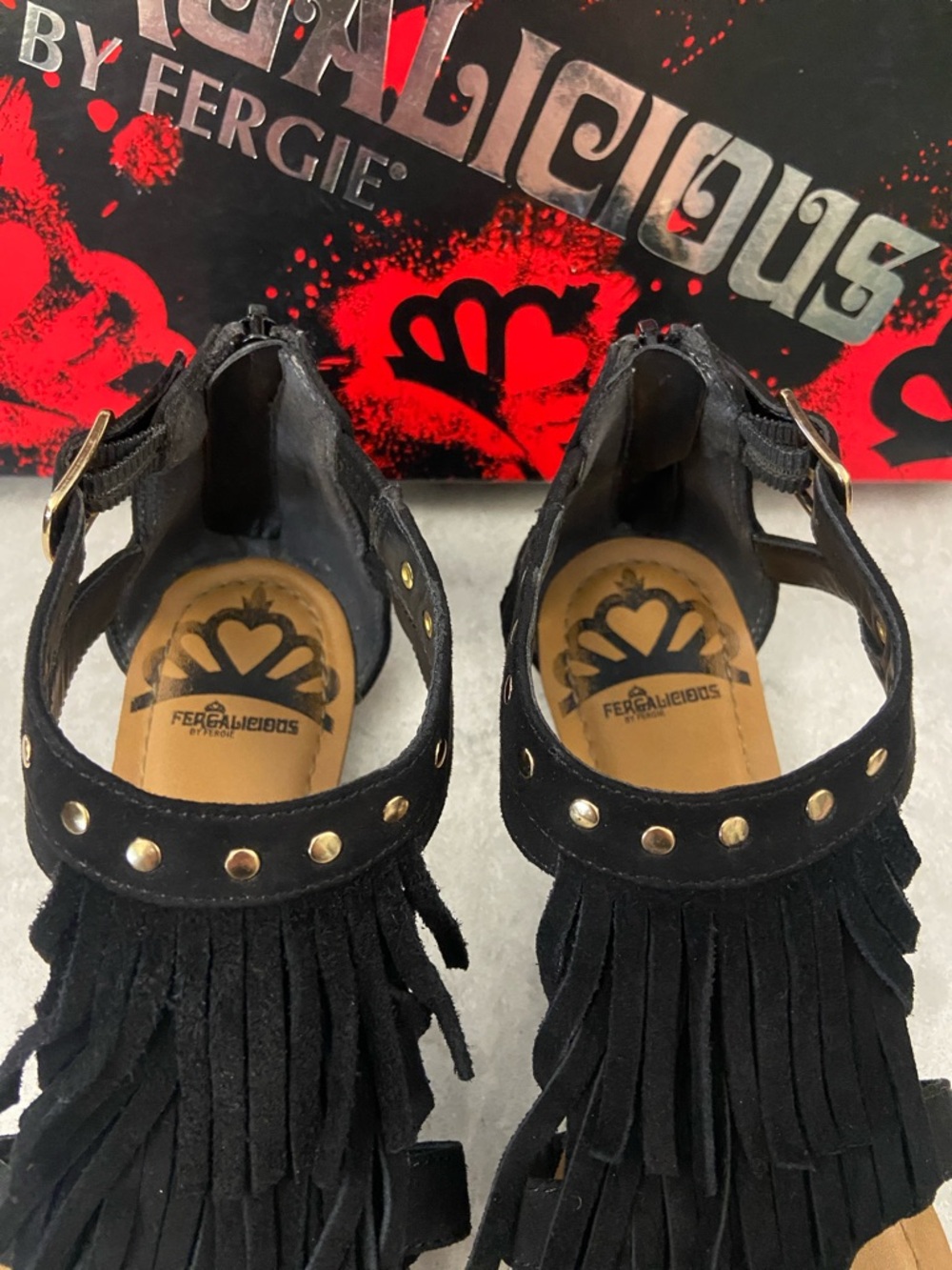 Sale! Fergalicious Black Leather Fringe Gold Studded Gladiator Sandals, size 7M - Picture 14 of 14